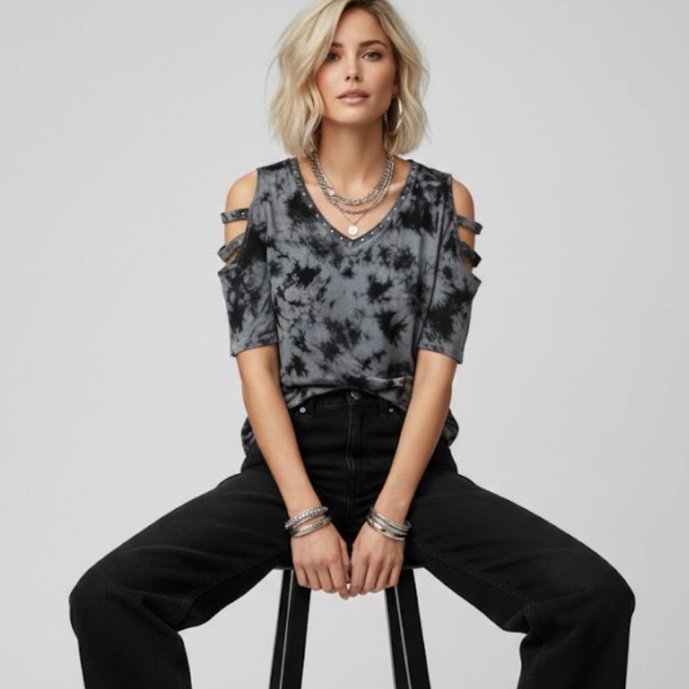 Black & Gray Tie-Dyed knit top with Shoulder Cutouts, Ruched Sides & SilverStuds